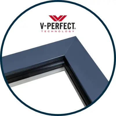 Detalhe do acabamento de canto 'V-Perfect Technology' numa estrutura de PVC azul.